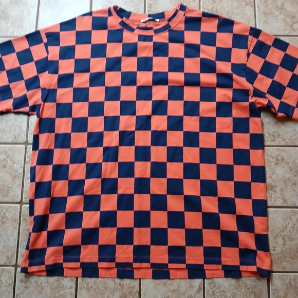 #0186 Men's Zara Orange/Blue Checkered T-Shirt Size XL - Picture 1 of 11